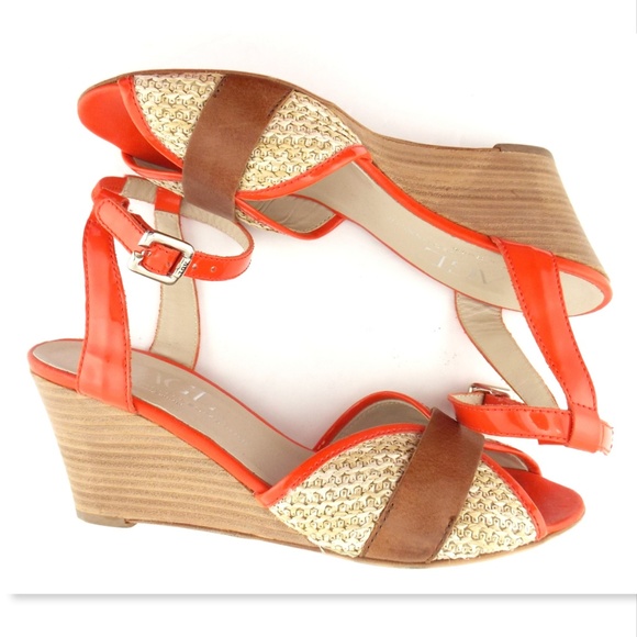 AGL Orange Patent Leather Raffia Wedge Sandals 38 - Picture 4 of 8